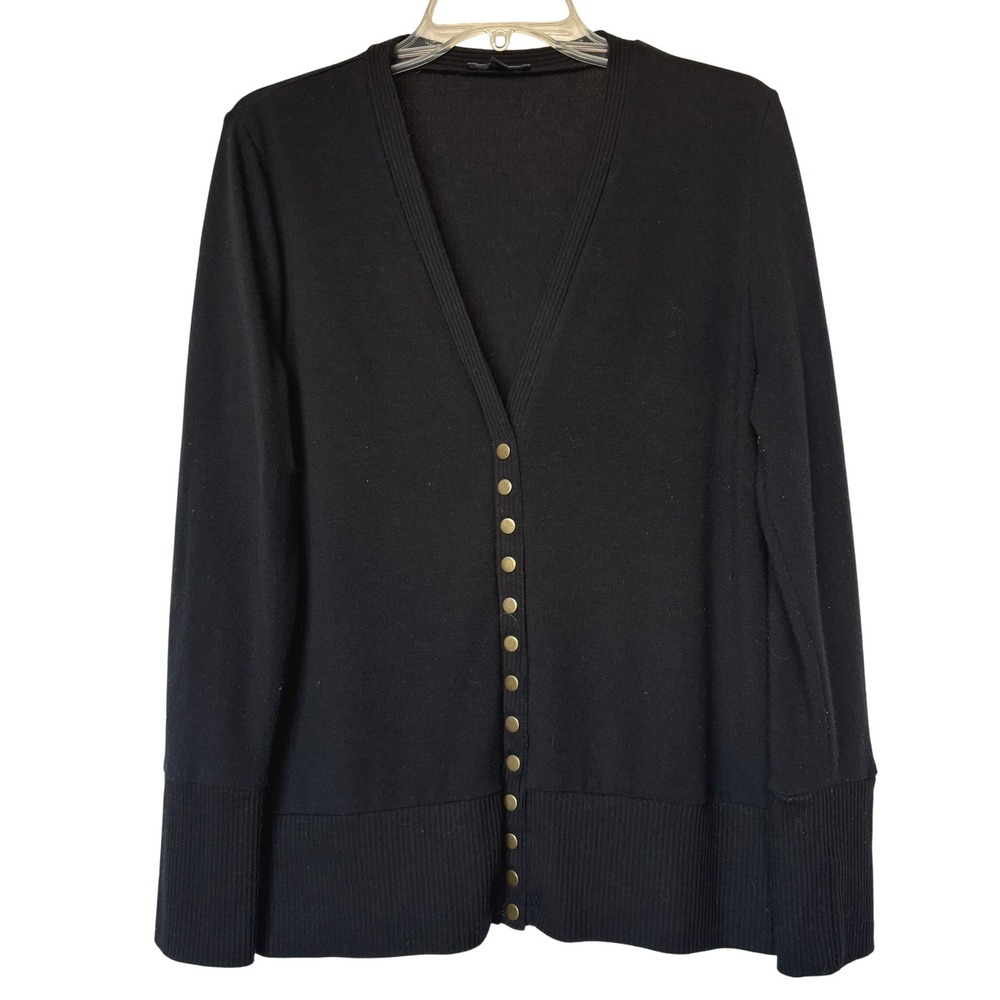 Verabendi Black Cardigan Gold Button Front Minimalist Soft Knit Sweater L